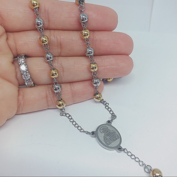 Two Toned Stainless Steel Rosary Necklace - Picture 4 of 8
